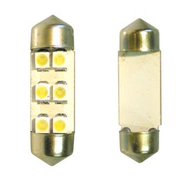 Coppia lampade led SILURO  SV8.5  31MM 6 LED SMD piccoli  - SENZA RESISTENZA - - Voltaggio 12V  - Attacco di tipo T11 SILURO C5W 31mm- Colore luce LED: Bianco  - colorazione Bianco Ghiaccio  - Numero di LED SMD per lampadina: 6 smd piccoli- Potenza di Consumo: 1W - Confezione da 2 lampadine- Misure: Lung.: 31mm, Larg: 9mm, Spess: 3mm, Base/Volt/Watt/Vie: 10X31 SV8.5 Volt/Watt/Colore/Conf.: 12V 6 LED BIANCO