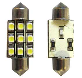 Coppia lampade led SILURO  SV8.5  36MM 9 LED SMD piccoli- SENZA RESISTENZA -- colorazione Bianco Ghiaccio  - Colore luce LED: Bianco- Voltaggio 12V  - Potenza di Consumo: 1,2W- Attacco di tipo T11 SILURO C5W 36mm- Numero di LED SMD per lampadina: 9 smd piccoli- Confezione da 2 lampadine- Misura: Lunghezza: 36mm, Larghezza: 14mm, Spessore: 3mm, Base/Volt/Watt/Vie: 11X35 SW8.5-8 Volt/Watt/Colore/Conf.: 12V 9 LED BIANCO