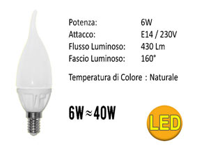 - Tensione: 230 Vac- Angololo: =/> 160ø- Temperatura del colore: 4000-4500K- Potenza: 6W - Base: E14- Flusso Luminoso: 430 Lm- Dimensioni: d 37.5x135 mm  - Durata: 25000 ore  - Luce Istantanea  - Bassa Temperatura  - 0% Mercurio  - 80% di Risparmio Energetico Base/Volt/Watt/Vie: E14 6W  220V Volt/Watt/Colore/Conf.: Bianco Naturale 4000°K
